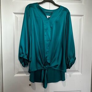 Chico's Teal Satin Tie-Front Batwing Blouse Size 2.5 (US 14) EUC
